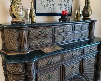 Ethan Allen rattan, wood, and stone-top buffet