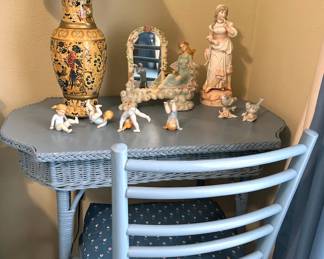 Vintage painted blue desk, chair, nightstand, lamps, statuettes