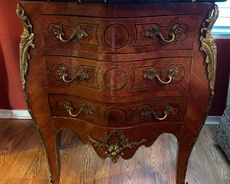 1 of 2 French Commode/ Chest Bombe’ Form with Marquetry Inlay and Bronze Mounts 19th C