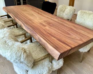 Custom Guanacaste (Costa Rica) Live Edge Hardwood Dining Room Table.  Approx 31” H x 108” W x 38.5” D.  Top 600 lbs, Base 300 lbs.  Table top can be disassembled from base.  Professional Mover Required. 