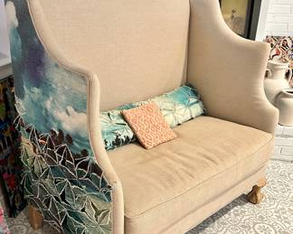 Embellished Anthropologie Greenfynch settee. Approx 48” H x 49” W x 28” D