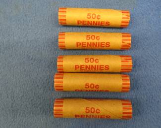 Lot 69. Five machine wrapped rolls of Lincoln wheat pennies.  250 total pennies.