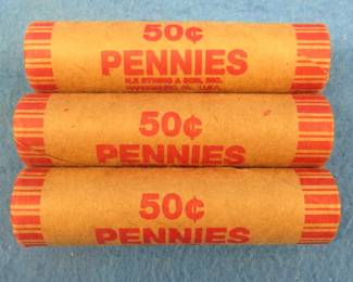 Lot 180. Three machine wrapped rolls of Lincoln steel wheat pennies.  150 total pennies.