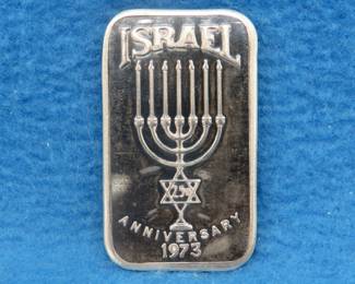 Lot 186. 1973 Israeli Anniversary silver bar.  One ounce of .999 fine silver.