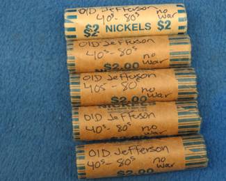 Lot 270. Five rolls of Jefferson nickels from the 40s - 80s (No War)