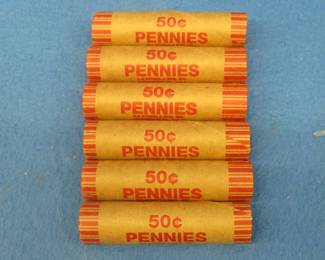 Lot 157. Six machine wrapped rolls of Lincoln wheat pennies.  300 total pennies.