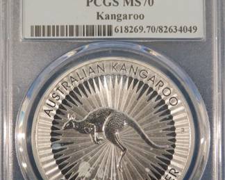 Lot 148. 2017 P Australia Kangaroo one ounce 9999 silver dollar graded MS-70 by PGCS