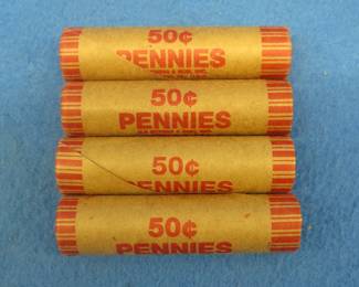 Lot 200. Four machine wrapped rolls of Lincoln steel wheat pennies.  200 total pennies.