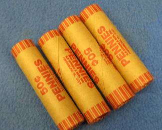 Lot 117. Four machine wrapped rolls of Lincoln steel wheat pennies.  200 total pennies.