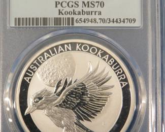 Lot 67. 2018-P Australia Kookaburra 1 ounce Silver dollar, graded MS-70 by PCGS