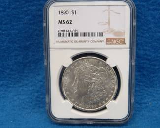 Lot 356. 1890 P Morgan silver dollar.  Graded MS 62 by the NGC.