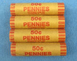 Lot 170. Four machine wrapped rolls of Lincoln steel wheat pennies.  200 total pennies.