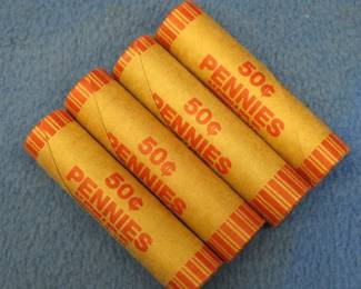 Lot 259. Four machine wrapped rolls of Lincoln steel wheat pennies.  200 total pennies.