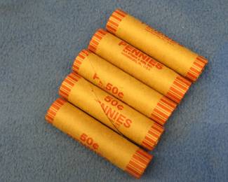 Lot 119. Five machine wrapped rolls of Lincoln wheat pennies.  250 total pennies.