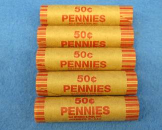 Lot 55. Five machine wrapped rolls of Lincoln wheat pennies.  250 total pennies.