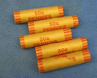 Lot 89. Five machine wrapped rolls of Lincoln wheat pennies.  250 total pennies.