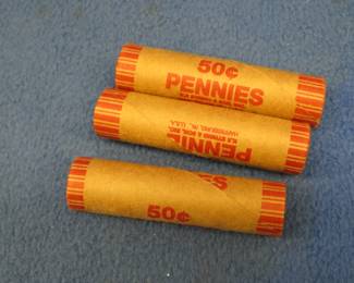Lot 96. Three machine wrapped rolls of Lincoln steel wheat pennies.  150 total pennies.