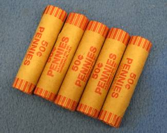 Lot 361. Five machine wrapped rolls of Lincoln wheat pennies.  250 total pennies.