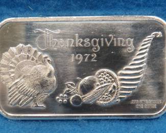 Lot 196. 1972 Thanksgiving one-ounce silver bar.  .999 fine silver