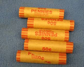 Lot 110. Five machine wrapped rolls of Lincoln wheat pennies.  250 total pennies.