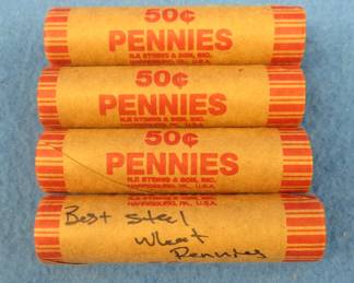 Lot 227. Four machine wrapped rolls of Lincoln steel wheat pennies.  200 total pennies.