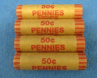 Lot 159. Four machine wrapped rolls of Lincoln steel wheat pennies.  200 total pennies.