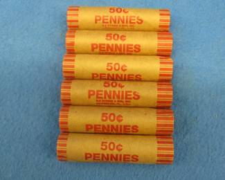 Lot 190. Six machine wrapped rolls of Lincoln wheat pennies.  300 total pennies.