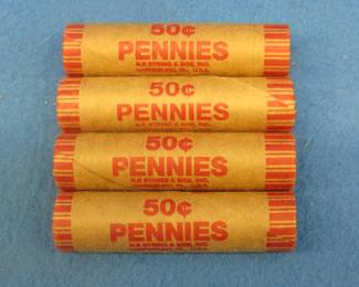 Lot 240. Four machine wrapped rolls of Lincoln steel wheat pennies.  200 total pennies.
