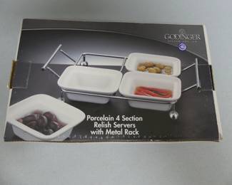 Godinger Silver Art Co. Porcelain 4-Section Relish Servers with Metal Rack - New in Box