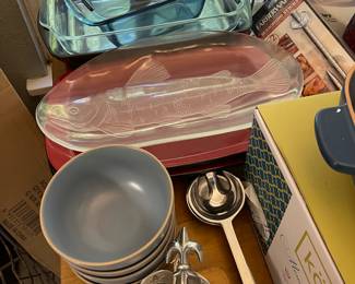 Fish Platter Glass, Casserole Dishes, Aluminum Salad Set and Dip Set