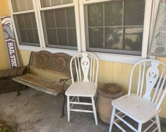 Wood Bench, Two white chairs, Plant stand