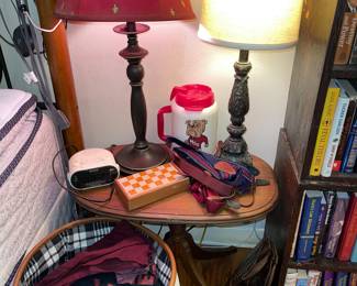 Vintage side table, Vintage T shirts, lamps, suspenders, clock radio