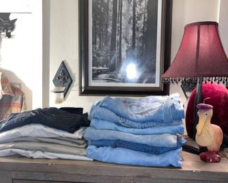 Jeans and Khaki pants, Pelican candle, lamp, Art