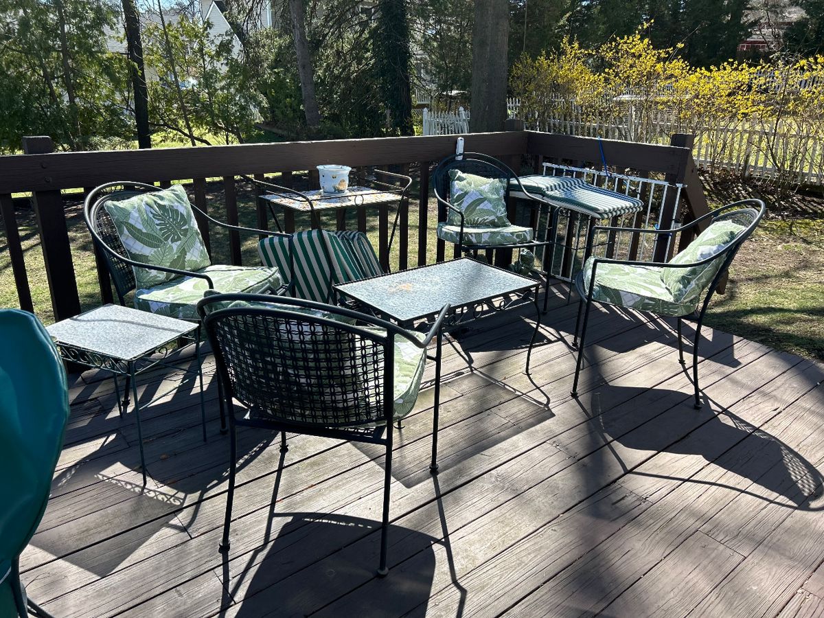 Wrought iron patio sets with 8 chairs  cushions 