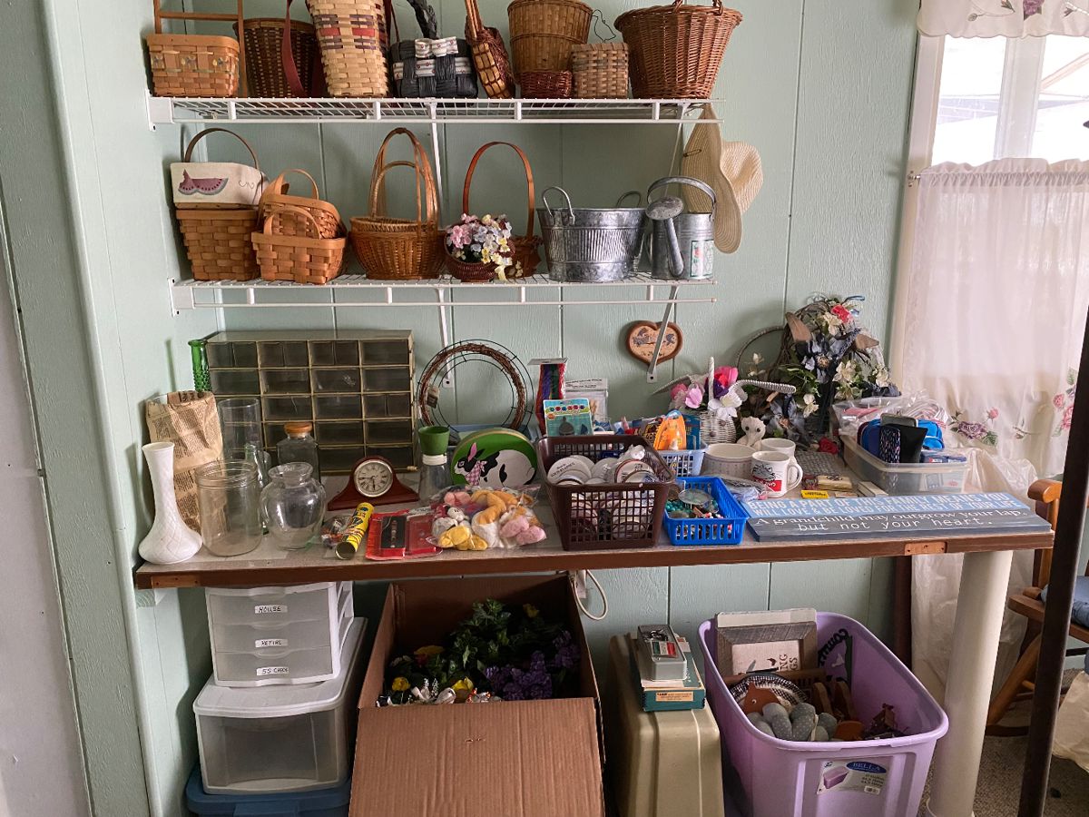 Baskets, craft supplies, miscellaneous decorations 