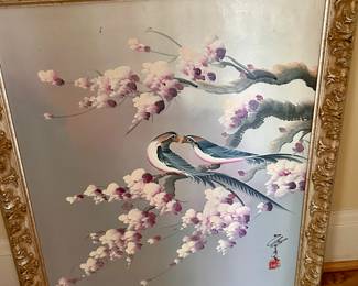 Signed Framed Asian Birds on Cherry Blossoms