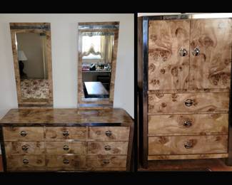 Mid Century Modern/Retro Faux Burlwood and Chrome Dresser with Double Mirrors and Matching Man's Wardrobe