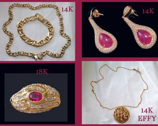 Fabulous Fine Gold Jewelry; Chain Necklace and Bracelet Weigh a Total of 98 Grams, 14K Gold and Heat Treated Ruby Earrings, 18K Gold and Ruby Ring and 14K Gold Effy Pendant & Chain