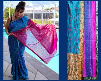Our Lovely Model Showing off one of a Huge Selection of Sarees that are available at this Estate Sale. Don't Miss our Saree Wrapping Demonstration Scheduled for Approximately 10:30am Friday Morning!