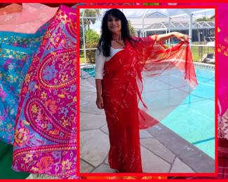 Our Lovely Model Showing off another Beautiful Saree. Don't Miss our Saree Wrapping Demonstration Scheduled for Approximately 10:30am Friday Morning!
