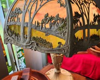 Antique Scenic Royal Art Signed Panel Lamp - Circa 1912 - Art Nouveau Era. 