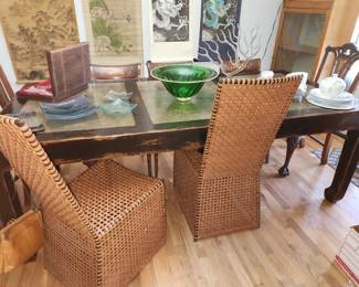 A wonderful Large Asian Rustic Style Dining Table. Two Leather Woven Chairs. 