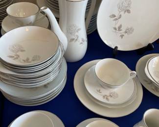 Noritake “Rosay” Japan 6216
71 pieces: 10 dinner, 9 salad, 9 bread, 8 cups, 8 saucers, 7 bowls,7 cereal, 6 berry, 2 serving bowls, platter, sugar, creamer, coffee w/lid.   $350.00 set