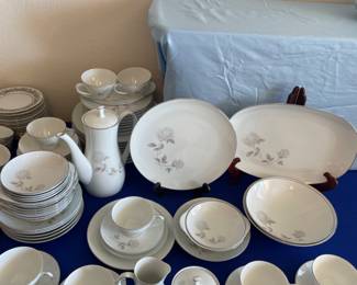 Noritake “Rosay” Japan 6216
71 pieces: 10 dinner, 9 salad, 9 bread, 8 cups, 8 saucers, 7 bowls,7 cereal, 6 berry, 2 serving bowls, platter, sugar, creamer, coffee w/lid.   $350.00 set