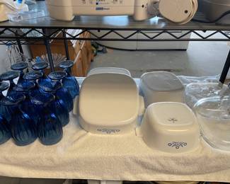 Corning ware and Blue Lennox Water /Wine Glasses
