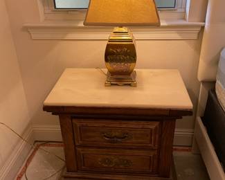 All Wood (2) night stands w poured Marble top:           27.75"w 16.5"d 24.5"t   $  150.00                                                                                Set of 4 matching bedroom pieces $250.00