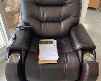 Moto Brown leather recliner and lift chair with hidden cup holders. 39"w 39"d 43"t, 60"t up on lift 