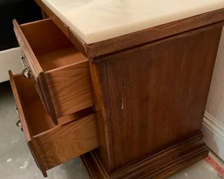 All Wood (2) night stands w poured Marble top:           27.75"w 16.5"d 24.5"t   $     150.00                                                                                 Set of 4 matching bedroom pieces $ 250.00