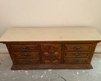 All Wood triple dresser w poured Marble top: (project)  72.25"w 19.5"d 32"t   $ 125.00. Needs TLC                                                                                     Set of 4 matching bedroom pieces $250.00