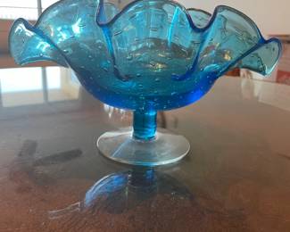 Blue Bubble glass ruffled and footed.  $30.00
